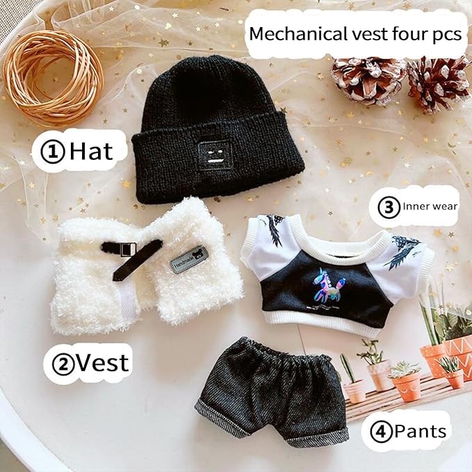 20cm Plush Doll Clothes Set, Kpop Doll Outfit Plush Coat Pants Shoes for 8 inch Plush Doll Soft Stuffed Animal, Dress-Up Play (Mechanical Vest Four pcs)