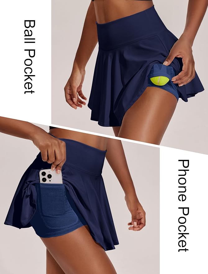 PINSPARK Womens Tennis Skirt 14" Pleated Athletic Golf Skorts with Pockets | High Waist, Tummy Control, Mini, Breathable, Lightweight, Soft, Built in Shorts, Pickleball, Casual