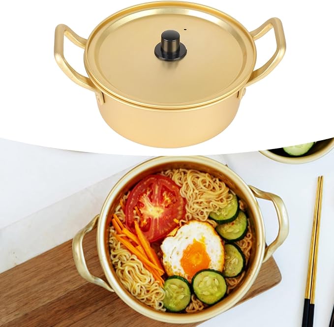 Korean Ramen Cooking Pot, Korean Ramen Pot with Lid Double Handle Design Yellow Aluminum Alloy Stockpot for Kitchen Cookware (16cm)