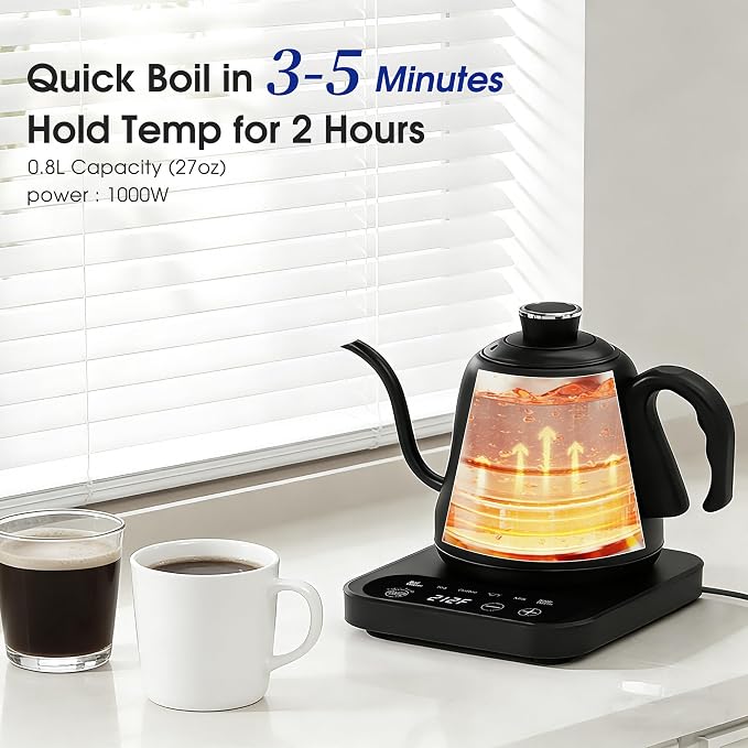 Gooseneck Electric Kettle Temperature Control: ±1℉ Precision, 316L Stainless Steel Inner, Pour Over Kettle for Coffee & Tea, 1000W Quick Heating, Auto Shut-Off & Boil-Dry Protection, 0.8L/27oz