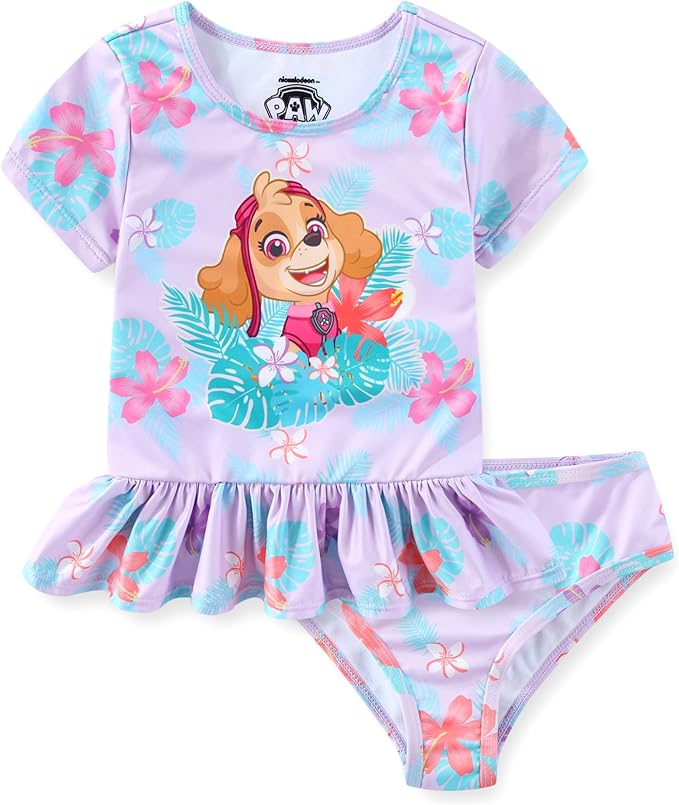 Paw Patrol Nickelodeon Skye Girls UPF 50+ Rash Guard Shirt and Bikini Bottom Two Piece Swimsuit Set for Toddler and Big Kids