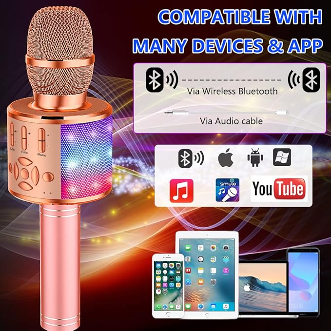 Amazmic Kids Karaoke Microphone Machine Toy Bluetooth Microphone Portable Wireless Karaoke Machine Handheld with LED Lights, Gift for Children Adults Birthday Party, Home KTV(Champagne)