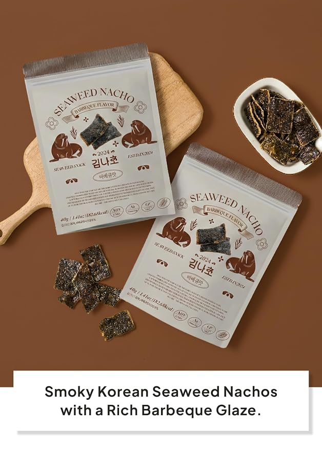 Korean Food Seaweed Nachos, Barbeque Flavor, Low-Sugar, Crispy Seaweed, 40g | Light and crispy seaweed snack with savory barbeque flavor and a satisfying crunch