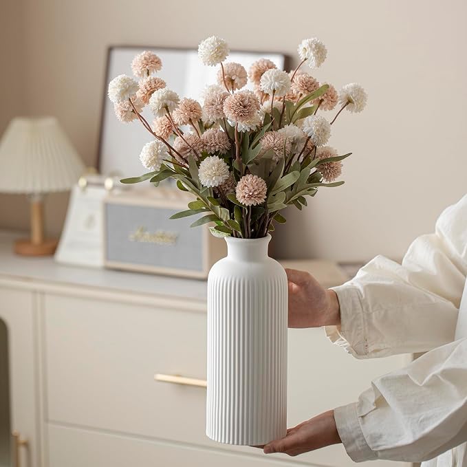 Large Modern Ceramic Vase Set, White Ribbed Matte Design, 3-Piece Decorative Vases for Home, Living Room, Office (XL White)