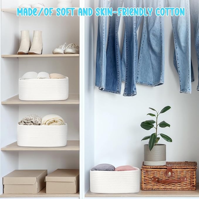3 Pack Storage Baskets for Organizing, 13.7×9.5×6.3", White | Woven Baskets for Shelves, Cotton Rope Basket for Gifts Empty, Closet Organizer Bins with Handles, Cube Decorative Box
