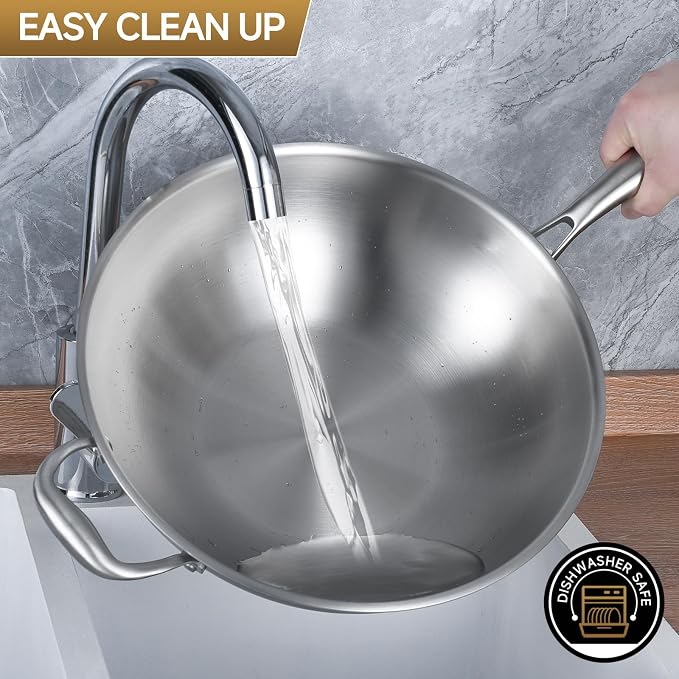 LOLYKITCH 12-Inch Stainless Steel Wok with Glass Lid | Detachable Handle | Uncoated Tri-Ply Stir Fry Pan | Everyday Cooking Wok for Induction & Glass| Flat Bottom | SGS Certified Cookware | PFOA-FREE