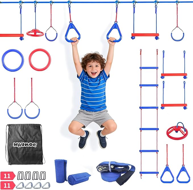 Ninja Warrior Obstacle Course for Kids Backyard-1×50ft Slackline Kit with 10 Most Complete Accessories for Boys & Girls, Rope Ladder, Gymnastic Ring, Arm Trainer and Monkey Fist