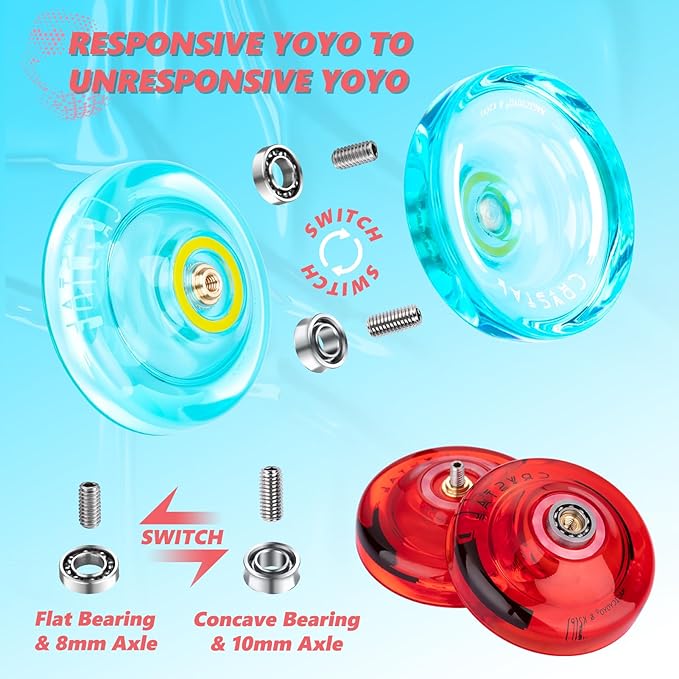 MAGICYOYO K2 Crystal Yoyo Responsive Yoyo for Kids, Plastic Yo Yo Professional with Unresponsive Bearing + 12 Yo-yo Strings, Yo-yo Storage Case, Bearing Removal, Axle Tool (Red + Green)