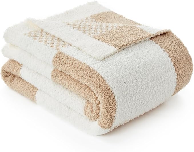 Snuggle Sac Checkered Blanket, Beige Throw Blanket for Couch Plaid Microfiber Fluffy Warm Cozy Fuzzy Soft Throw Blanket Reversible Checkerered Blankets for Sofa, Bed, 60x80 inches