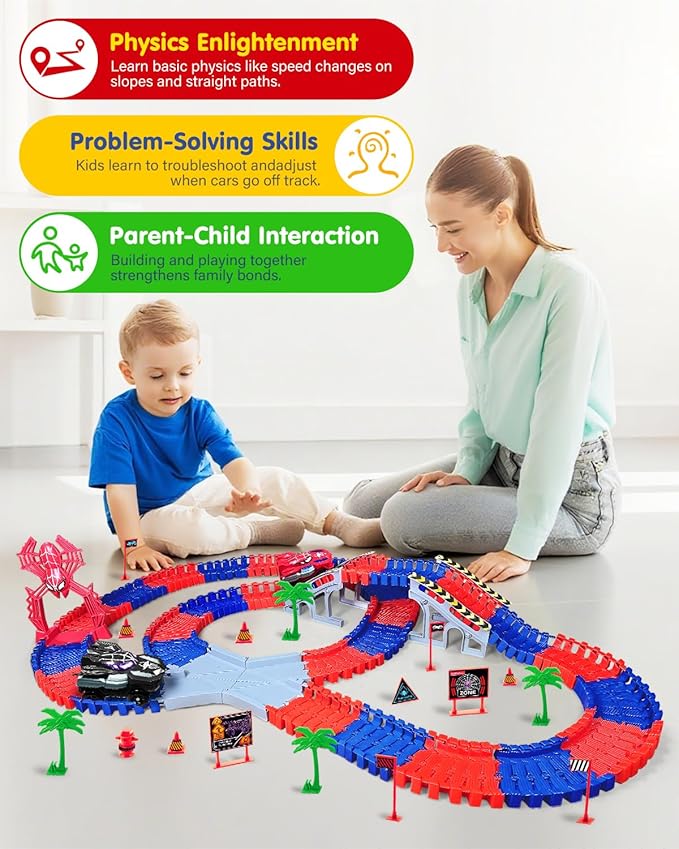 Spider Tracks Car Toys for Boys Ages 3-8, 2 Spider Cars & 212PCS Flexible Race Track, STEM Building Toy Gift for 3 4 5 6 7 8 Year Old Kids