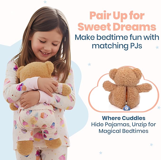 Zip N' Bear Soft Plush Teddy Bear Stuffed Animal with Cup Cake Pajamas - Zippy The Bear Cute Cuddly Plush Toy, Perfect Sensory Teddy for Kids, Toddlers - Adorable Gift & Bedtime Companion