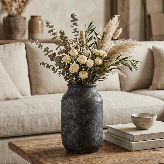 Rustic Ceramic Vase, Terracotta Pottery Decorative Vase, Farmhouse Decor for Living Room, Home, Fireplace, Shelf Decor, 9 Inch, Bronze