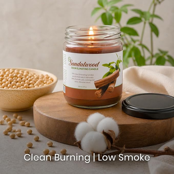 Candle Set Odor Eliminating – 2 Pack - 12oz – Long-Lasting Soy Wax Candles – Neutralizes Pet, Kitchen & Smoke Odors – Clean Burn, Eco-Friendly, Aromatherapy Candle (Sandalwood)