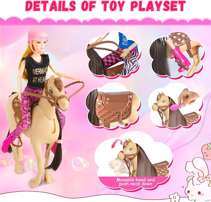 60 PCS Doll Horse Set Toy, Fashion Blonde Doll(11.5 Inch) in Riding Helemt Doll Accessories & Light Brown Horse with Moveable Head, Saddle, Bridle and Reins, for Ages 3 Years Old & Up