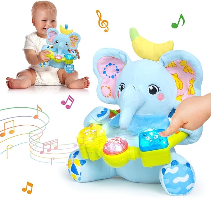 Baby Bilingual Musical Elephant Stuffed Animals Toys,Infant Early Learning Toy with Light-Up Music & Crinkle,Tummy Time Toys for 0 3 6 9 12+ Months for Baby Boy Girl Gift,Blue