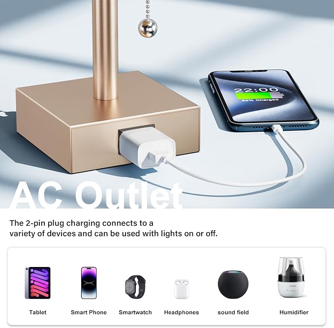 Gold Bedside Table Lamps for Bedroom Set of 2 - Small Rectangular Nightstand Lamp with AC Outlet Charging Port, 3 Color Temperatures Desk Light, Tabletop Reading Lamp for Living Room/Dorm/Office