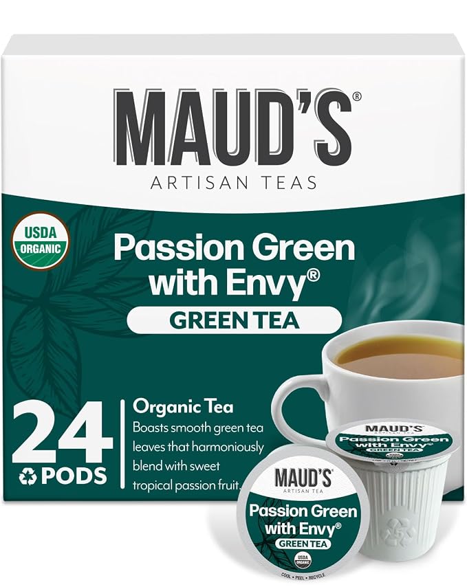 Maud's Organic Passion Green Tea Pods, 24 ct, Single Serve Tea Pods – 100% Gourmet Blended Tea Leaves, Compatible with Keurig K Cups Maker