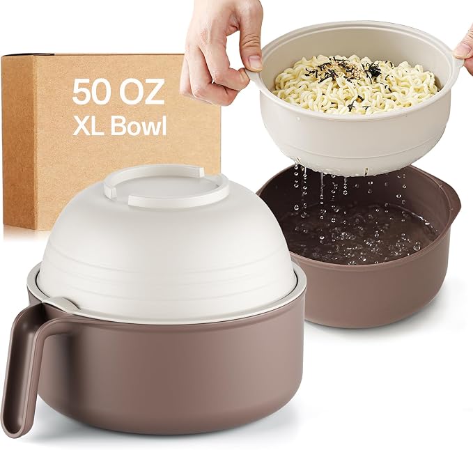 MEACOLIA Jumbo 50 oz Microwave Ramen Cooker Bowl | with Lid & Drain Strainer, Spill-Free, Rapid Noodle Pasta Cooker, College Dorm Essentials for Girls Guys, Apartment Friendly
