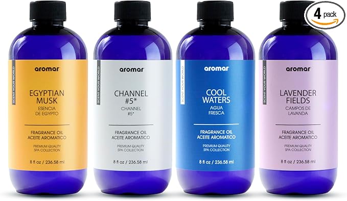 AROMAR Premium Fragrance Oil, Long-Lasting, Refreshing Uplifting Aroma for Aromatherapy, Relaxation & Household Uses. Assorted Scents 8oz (Egyptian Musk, Channel #5, Cool Waters, Lavender Fields)