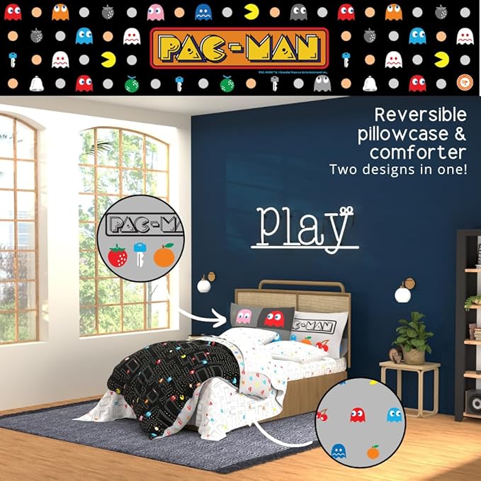 Pac-Man Gaming 5 Piece Super Soft Cozy Reversible Comforter and Sheet Set with Sham, Twin, (Officially Licensed Product) By Franco