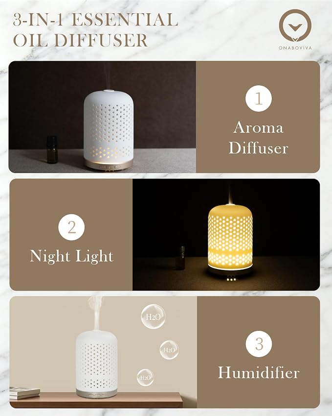 Onaboviva Essential Oil Diffuser, 2.4MHz Ultrasonic Cool Mist Aromatherapy Diffusers for Large Room, Ceramic Diffusers Decorative Aroma Diffuser, Quiet Air Diffusers for Home, Yoga, Spa, Room Decor