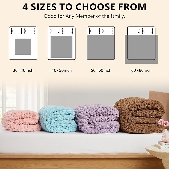 L'AGRATY Chunky Knit Throw Blanket for Couch, 40 x 50 Inches, Light Blue | Handmade Chenille Crochet Blanket for Sofa Bed, Thick Cable Knitted Blankets for Room Home Decor, Birthday Gift for Women Mom