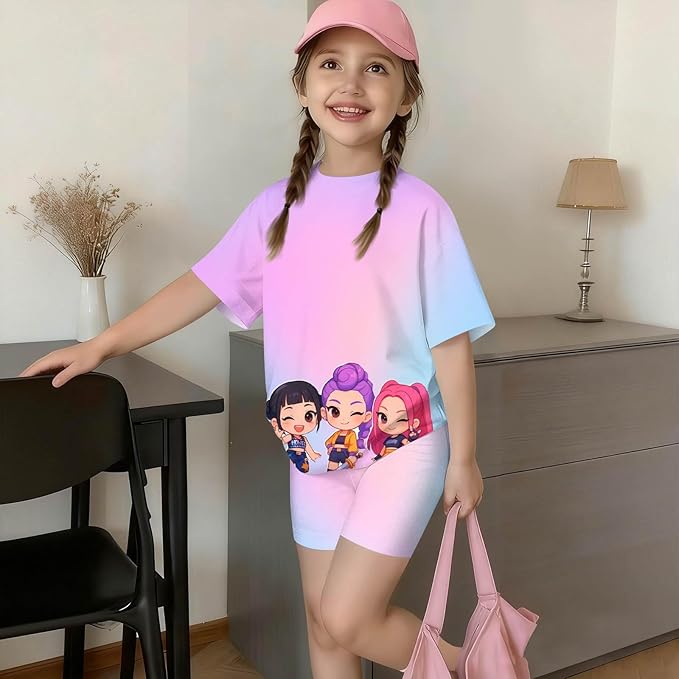 K-POP DEM0N Hunters Outfits for Girls, 2 Piece T-Shirts and Apparel Sets Birthday Gift