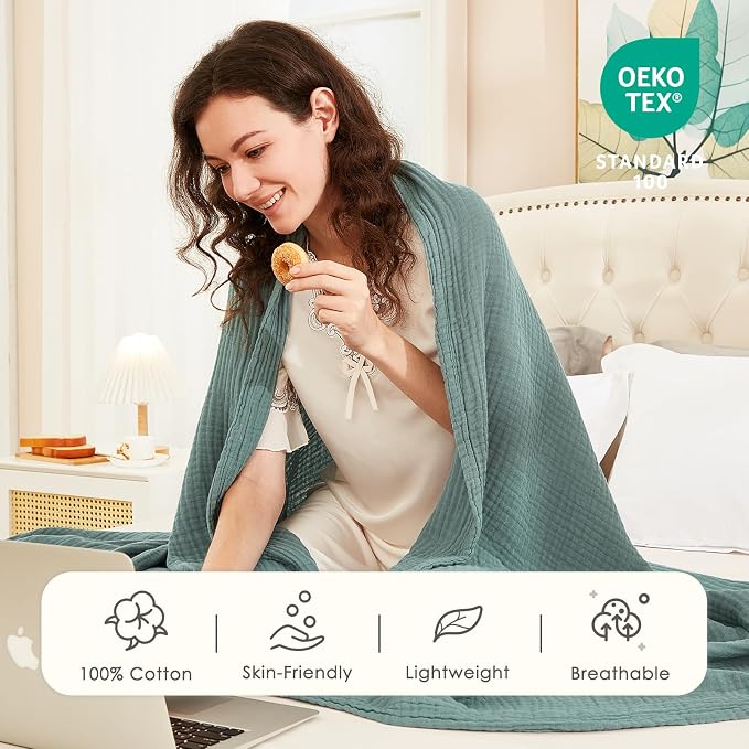 EMME Muslin Blankets for Adults Throw Blanket for Couch Breathable Gauze Soft Lightweight Airy Teal Super King 120" x 94"
