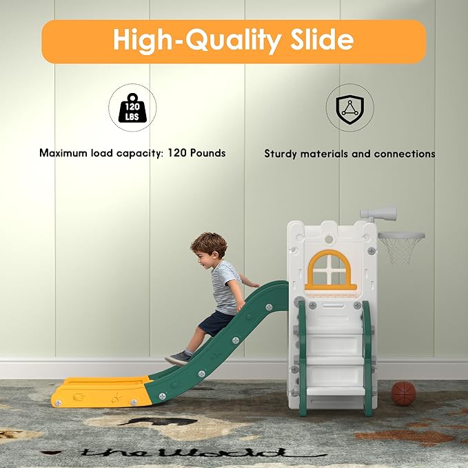 6 in 1 Toddler Slide Playset, Kids Indoor Outdoor Playground with Basketball Hoop,Storage and Telescope,Toddler Climber Slide Activity Center
