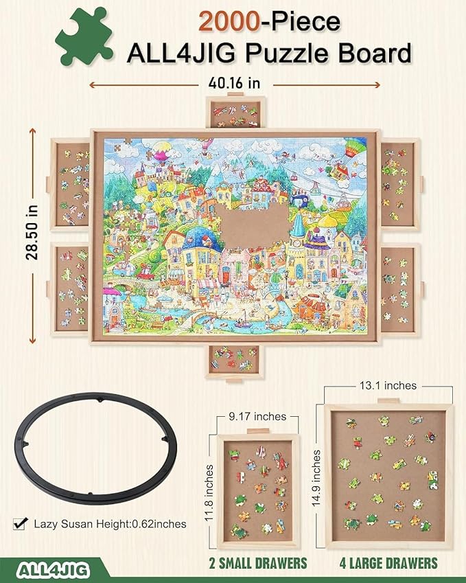 ALL4JIG 2000 Pieces Rotating Puzzle Board with 6 Drawers and Cover,28"x40"Portable Wooden Jigsaw Puzzle Table for Adults,Lazy Susan Spinning Puzzle Boards Birthday Gift for mom