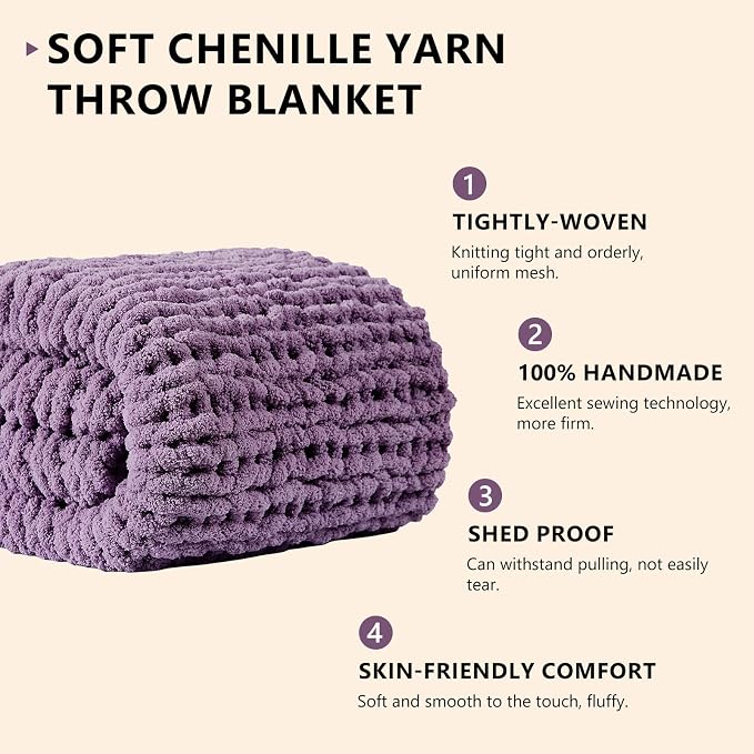 L'AGRATY Chunky Knit Throw Blanket for Couch, 50 x 60 Inches, Deep Purple | Handmade Chenille Crochet Blanket for Sofa Bed, Thick Cable Knitted Blankets for Room Home Decor, Birthday Gift for Women Mom