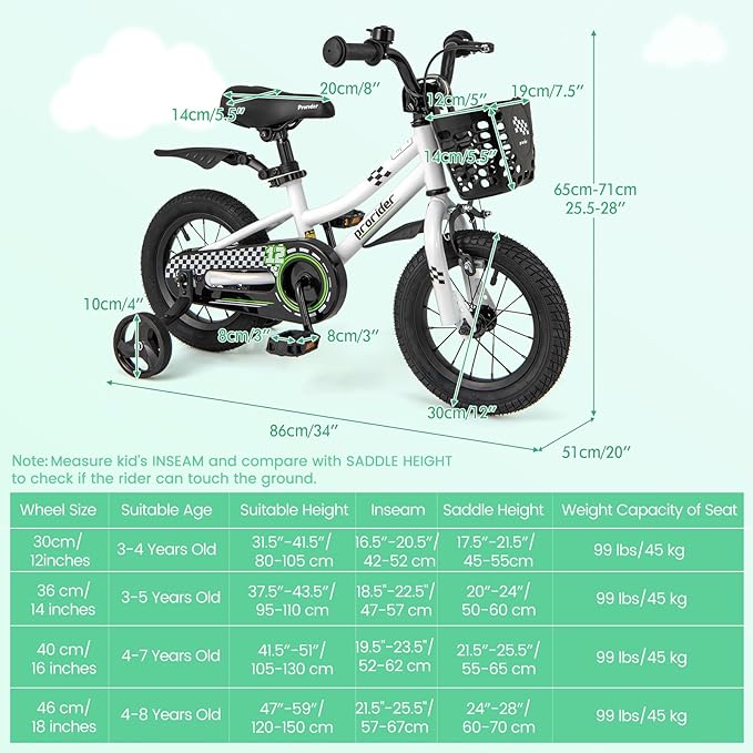 COSTWAY Kids Bike, 12 14 16 18 Inch Toddler Bike for Boys & Girls Aged 3-8 Years Old, Kids Bicycle w/Removable Training Wheels, Handbrake & Coaster Brake, Basket, Bell