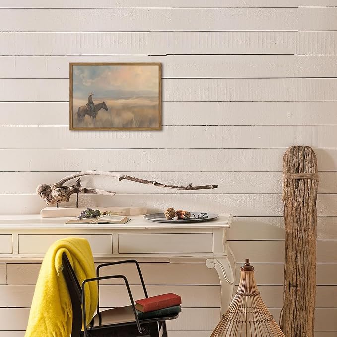 Vintage Western Cowboy Wall Art Cowboy on Horse Wall Decor Paintings, Southwestern Landscape Poster Canvas Prints for Bedroom Farmhouse Living Room 12x16 inch Wood Framed