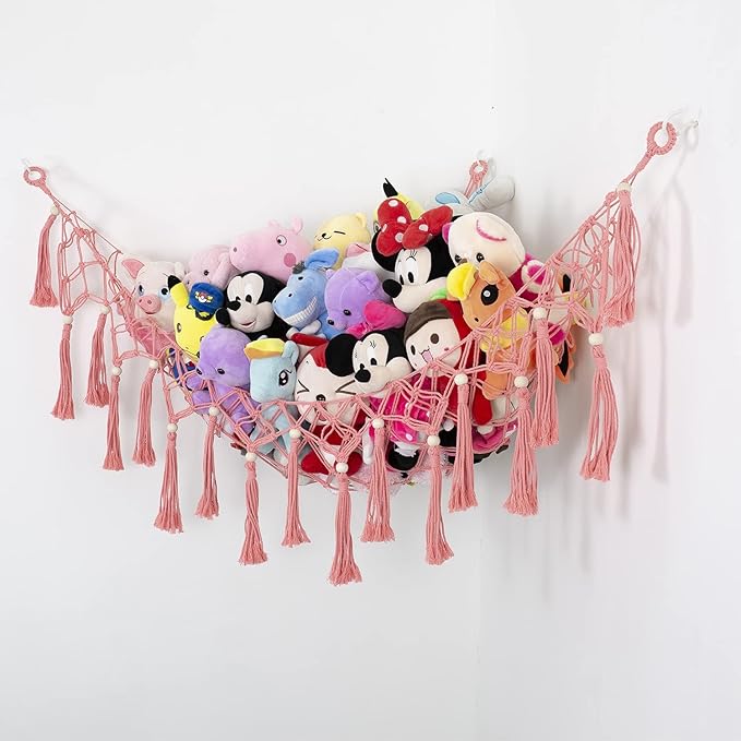 Stuffed Animal Net or Hammock for Corner Macrame Toy Display Plush Toy Storage Net Corner Hanging Mesh-Pink