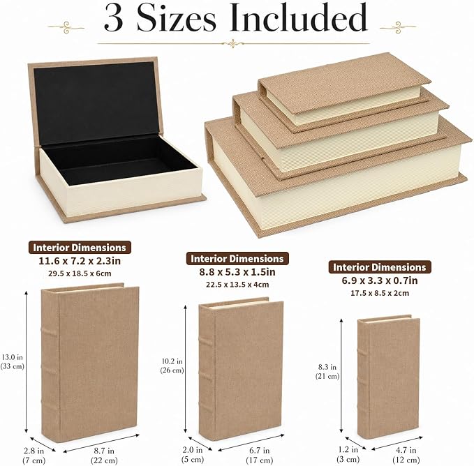 Decorative Faux Linen Book Box Set Neutral Home Decor Display Books, 13" | Living Room Decor, Bedroom Decor, Office Decor, Bookshelf Display, Coffee Table, Farmhouse, Rustic, Vintage Style