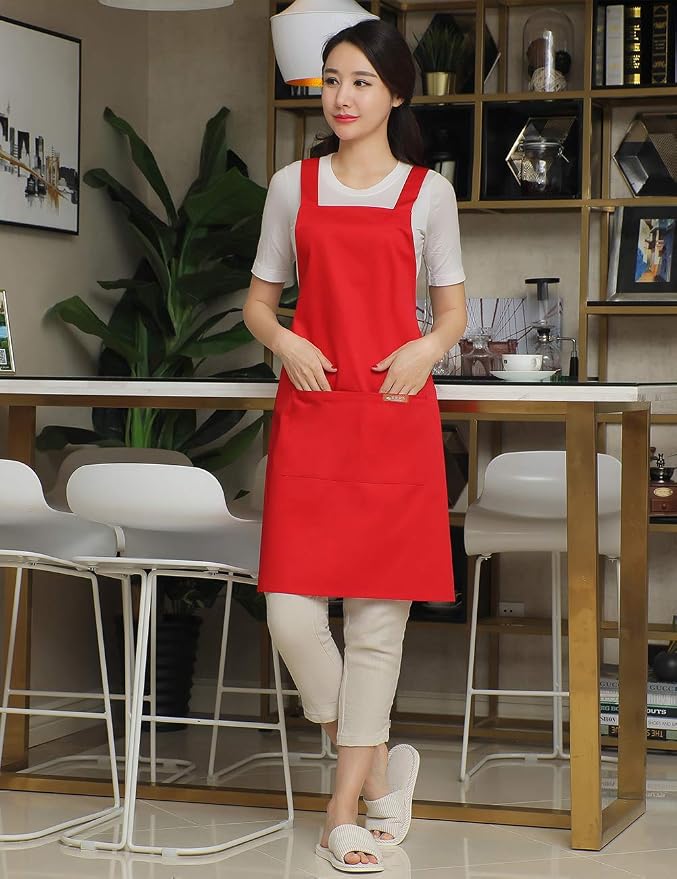 NEWGEM 100% Cotton Cross Back Apron for Women with 2 Pockets - Adjustable Button Straps Pinafore, No Neck Pain Kitchen Chef Apron for Cooking, Catering, Housewife (Red)