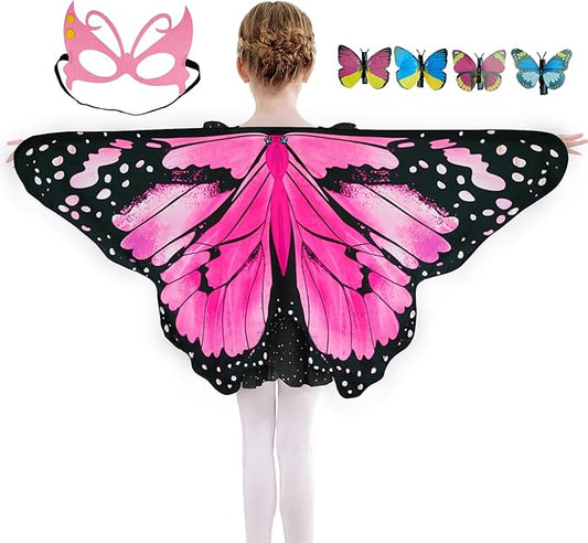 Kids Butterfly Wings Costume Girls Fairy-Wings Toddler Dress Up Play Costumes Butterfly Hair Clip Mask Party Favors (Pink Sets)