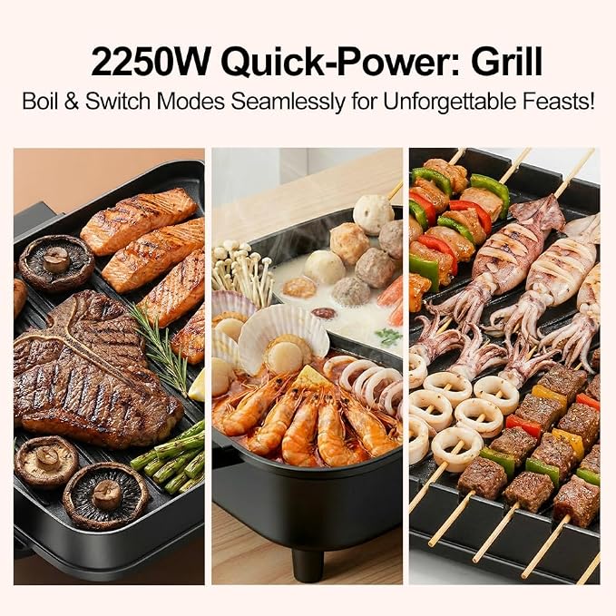 Electric Hot Pot and Grill Combo, Korean BBQ Indoor Smokeless Grill with Nonstick Surface,Large Tabletop Cooker for Family & Party, Includes Cooking Tool Set (Ladle, Strainer, Tongs, Oil Brush)