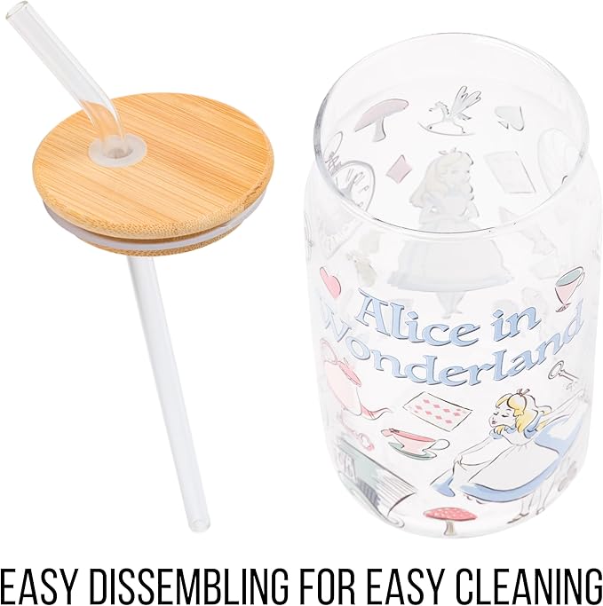 Silver Buffalo Disney Alice in Wonderland Glass Jar Tumbler with Bamboo Lid and Glass Straw, 16 Ounces