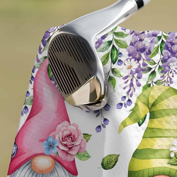 Blue Purple Gnomes Golf Towel with Clip, Spring Country Hydrangea Flower Leaf Large Microfiber Women Men Sports Work Out Disc Golf Bag Towel for Yoga, Gym, Fitness, Swimming Towels Accessory