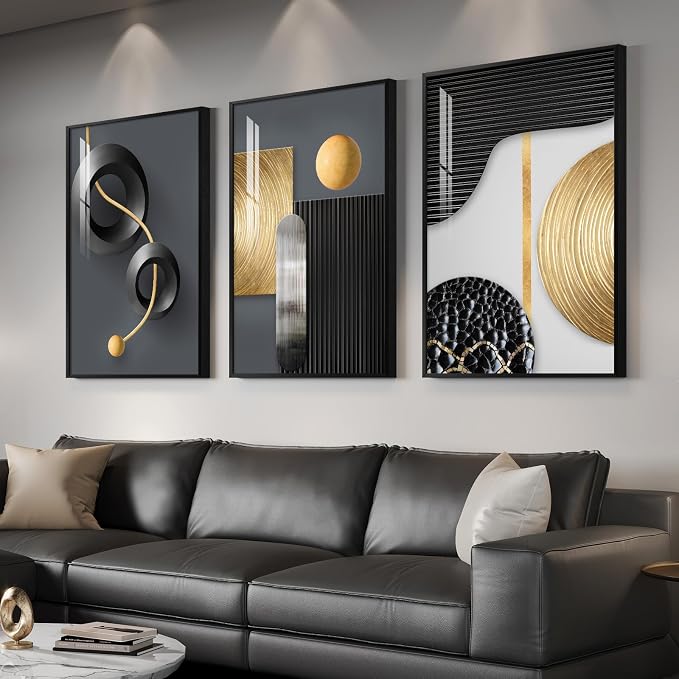 Large Framed Modern Elegant Wall Art for Living Room, 3 Piece 24x36 In | Black gold luxuery wall prints, Abstract geometric paintings, Crystal wall art for bedroom dining room office hallway