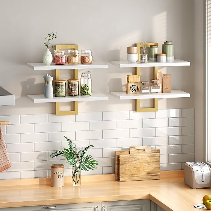 HOOBRO Floating Shelves, 15 Inch Wall Shelf Set of 2, Wall Mounted Storage Shelves 2-Tier, Hanging Bathroom Shelves, for Living Room, Bedroom, Bathroom, Kitchen, White and Gold DW32BJ01