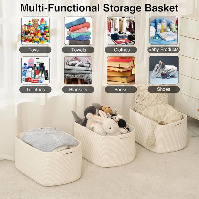 ICERZCZ Large Storage Baskets for Organizing Shelves, Woven Cotton Rope Bins for Baby Nursery Organization, Book Toy Towel Organizer, 17"x13"x9.5", 3 Packs, Off White