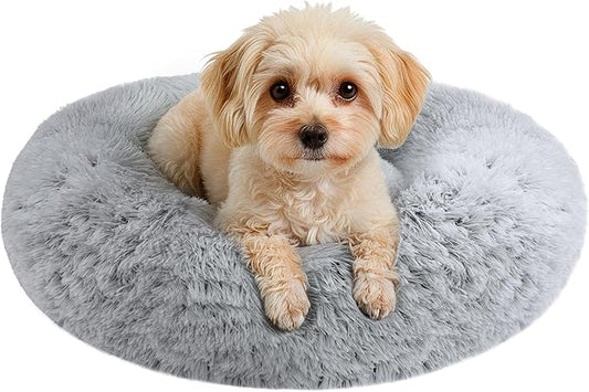 JOLLYVOGUE Small Dog & Cat Beds for Indoor Cats, Donut Cuddler Warming Soft Dog Beds with Anti-Slip Bottom, Round Calming Fluffy Plush Faux Fur Cushion Bed for Small Medium Dogs (20", Smoke Grey)