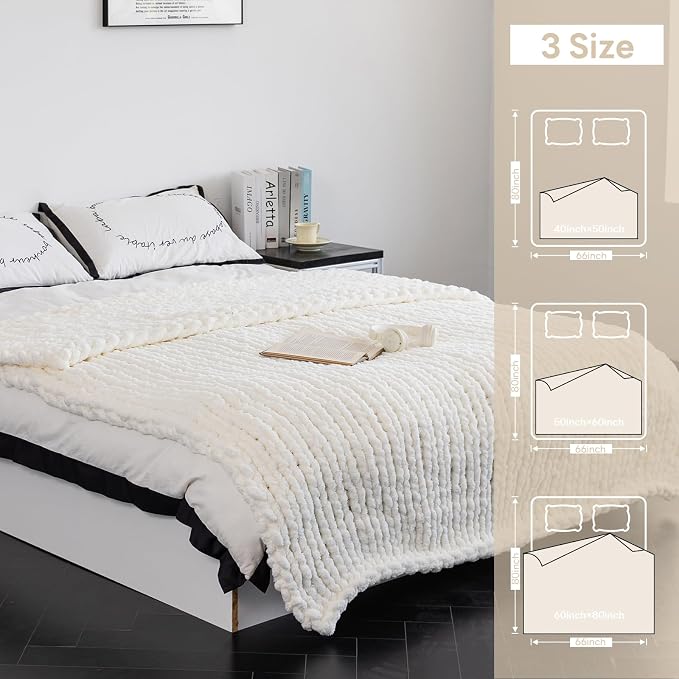 Chunky Knit Blanket - Luxury Soft Cozy 80 * 90 Throw Blanket,100% Woven Blanket Rope Knot Throw Blanket for Couch, Sofa, Home Decor, Gift - Machine Washable (Ivory White, 80 * 90)