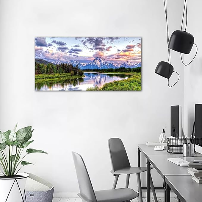 arteWOODS Landscape Canvas Wall Art Nature Picture Oxbow Bend Grand Teton National Park Modern Canvas Artwork River and Forest Contemporary Wall Art Large Size for Home Office Decoration 24" x 48"