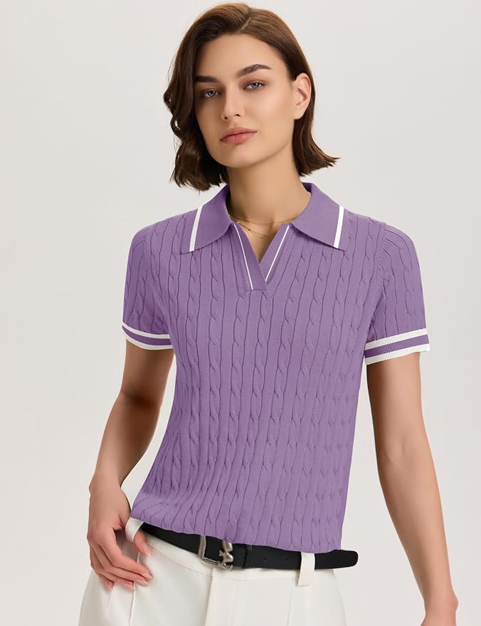 Micoson Womens Short Sleeve Sweater Tops Lapel V Neck Polo Shirts 2026 | Summer Cable Knit Loose Blouses, Business Casual Outfits