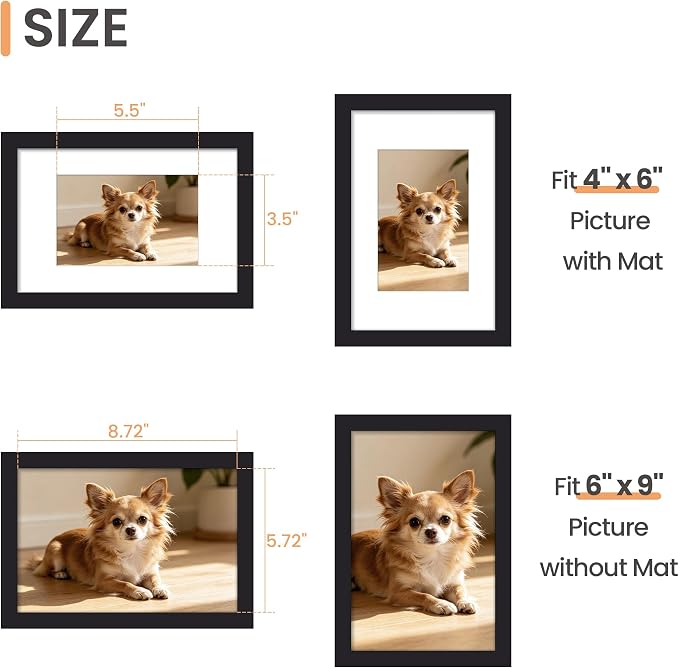 upsimples 6x9 Frame, Display Pictures 4x6 with Mat or 6 x 9 Without, Wall Hanging Photo Frames, Black, 1 Pack