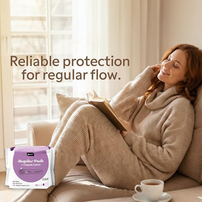 b.pure 100% Organic Cotton Regular Absorbency Herbal Feminine Pads with Wings | Chemical Free | Lavender & Aloe Infused | Regular Flow | 40-Count
