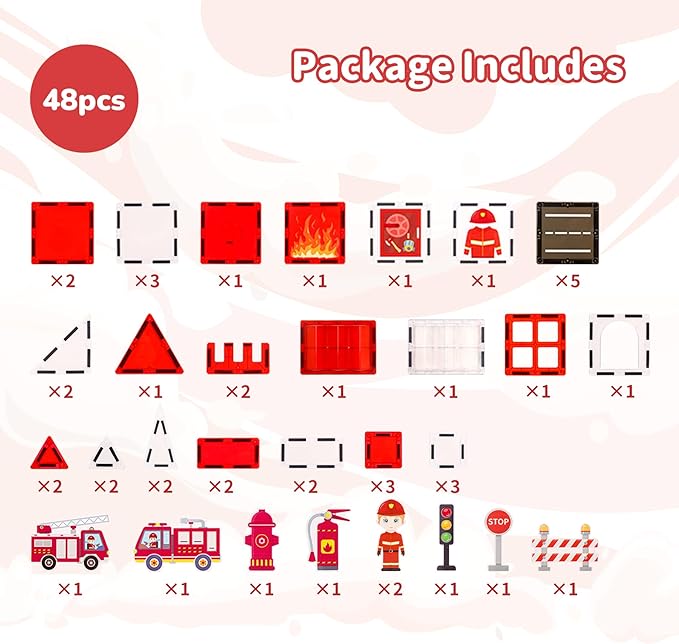 Fire Rescue Magnetic Tiles (48PCS), STEM Building Set with Fire Truck & Firefighter, Preschool Learning Building Set for Ages 3-8, Birthday Gift for Boys & Girls(Extinguisher, Helmet)